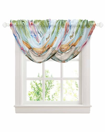 Perdecor Curtain Valance Semi Sheer, Summer Coastal Dwarf Palm Tree Curtains Adjustable Valance Rod Pocket, Blue Ocean Starfish Elegant Waterfall Fabric Valances