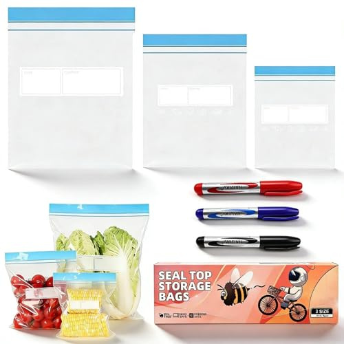 MUNTE 70 Pièces Sac Congelation, Contient 3 Stylos, 3 Tailles de Ziplock Bag, Réutilisable Sachet Congelation Zip, pour La Conservation Des Fruits, Des Légumes et Des Viandes
