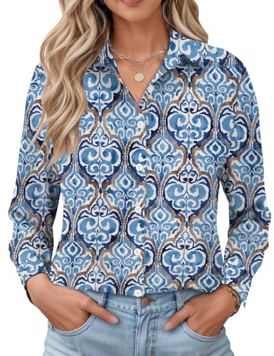 LOMON Women Wrinkle Free Blouse Elegant Checked Blouse Travel Shirt Comfy Western Printed Shirt White Blue Printed XXL
