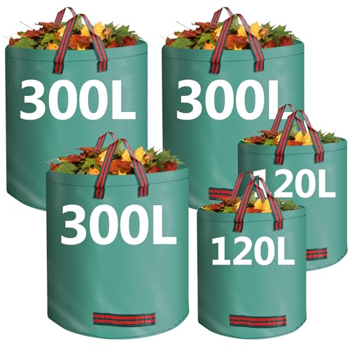 Garden Waste Bags, Garden Sack with Handles,300L x 3 and 120L x 2 | Waterproof Rubbish Bags for collecting Garden Waste, Debris, Leaves and Grass