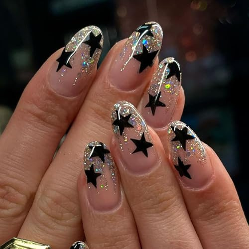 Almond False Nails, 24PCS Glitter Pink Press on Nails with Black Star Design, Full Cover Artificial Fake Nail Art Accessories for Women Girls (Pink,Black Star,Glitter)