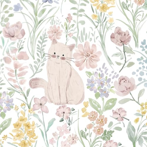 Yomshi Selbstklebende Tapete Schöne Retro Möbelfolie 44 x 1000 cm Rosa Katze und Blumen Vinyltapete Klebefolie für Schrank Tisch Wand Schlafzimmer Aufwertung Abnehmbar Einfach Anzubringen