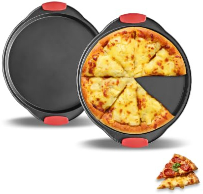Teglia per Pizza con Manici Silicone, Teglie Rotonde Pizza Professionale | Teglia Forno Antiaderente, Acciaio al Carbonio, Teglie Pizza da Forno, Manici Silicone, Lavabile Lavastoviglie 37,6x33x2cm