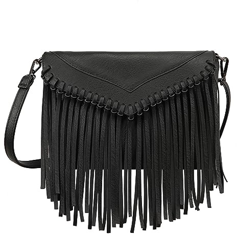 HDE Damen PU Leder Hobo Fransen Crossbody Quaste börse Vintage Kleine Handtasche, Schwarz (schwarz), EinheitsgröÃŸe