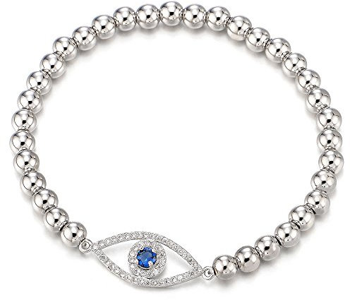 COOLSTEELANDBEYOND Exquisiten Stil Damen Mädchen Schutzes Bösen Blick Perlen-Armband mit Blau und Weiß Zirkonia