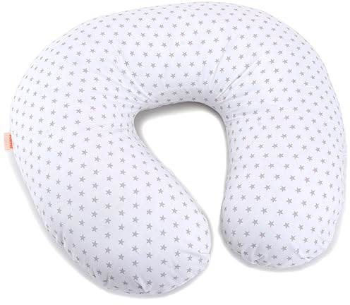 PEKITAS Cojín de Lactancia Grande XL 52 X 48 CM Funda Lavable con Cremallera,de algodón para Bebes,ergonómico, dureza Media y Optima,Fabricado en España - Color Gris Estrellas