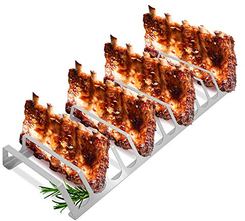tradeNX Rippchenhalter aus reinem Edelstahl – BBQ Spareribs Halter für 12 Rippchen – Praktisches Grillzubehör für Profis – 52 x 20 cm