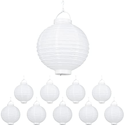 Relaxdays LED Lampions weiß, 10 Stück, batteriebetrieben, Draußen & Drinnen, zum Aufhängen, Papierlaterne, Ø 20cm, white, 24.5 x 20 x 20 cm