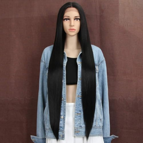 Style Icon Lace Front Perücken Wigs 94 cm Super Lange Spitze Front Seidig Gerade Haare Perücken Für Frauen Weichen Haarersatz Synthetische Perücken (1B)