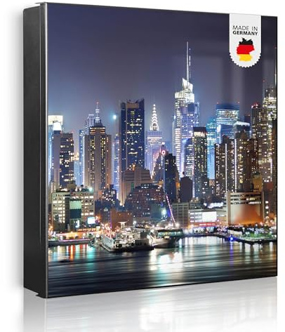 banjado Großer Schlüsselkasten Metall - Schlüsselbox 30x30cm beschreibbarer mit 32 Haken - Schlüsselkasten modern für Schlüsselaufbewahrung - Korpus Schwarz Scharnier Links - Motiv New York
