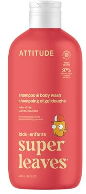 ATTITUDE Shampoo and Body Wash for Kids, EWG Verified Hair and Body Cleanser, Dermatologically Tested Soap, Plant and Mineral Based Bath Products, Vegan, Mango, 16 Fl Oz