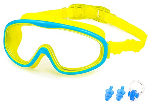 KAILIMENG Kids Swim Goggles, Clear Wide View No-Leak Anti-Fog UV Protection Swimming Glasses with Nose Clip Earplugs for Toddlers Youth Child 3-15 Years Old (Blue Yellow)
