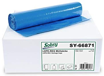 Sobsy ® - Recycelte Müllbeutel in Blau; reißfeste Müllsäcke 120l stark, Typ 60, gerollt, 700 x 1.100 mm, 250 Stück (10 x 25 Stück)
