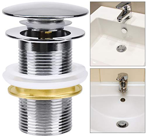 Universal Basin Sink Waste Pop up Drain Valve Set Click Sprung Plug Push Button Drainer Chrome Plated with Overflows for Bathroom Washbasin Sink Basin Seals