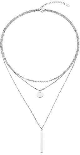 LEGITTA Damen Layered Kette mit Runder Plättchen und Stab Anhänger Zarte Mehrreihige Halskette aus Titan Nickelfrei
