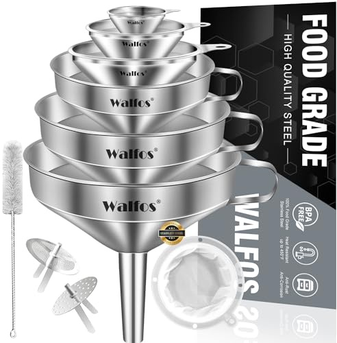 Stainless Steel Funnel, Walfos 6 Different Sizes of Kitchen funnels with 2 Removable Strainer & 1Pcs Cleaning Brush, 200 Mesh Food Filter Strainer,for Transferring of Liquid, Oils, Jam, Powder