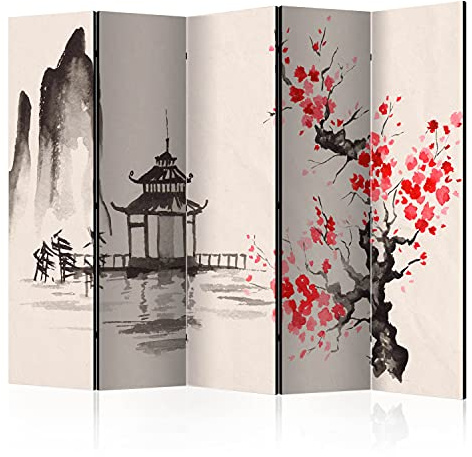 murando - Paravent Raumteiler japanische Landschaft, 225x172 cm, 5-teilig | Mobiler Sichtschutz, sofort einsatzbereit, Holzrahmen, ideal fürs Wohnzimmer oder Büro, geruchsneutral, lichtbeständig