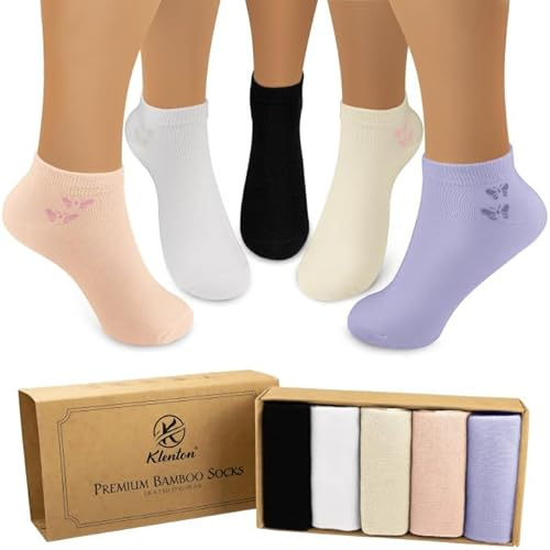 Womens Trainer Bamboo socks, Low Cut Ladies Casual Ankle Socks with Smooth Toe Seam, Breathable Sneaker Socks, Planet Friendly Packaging, Pack of 5, Size UK 4-7 (Black, Purple, Orange, Yellow, White)