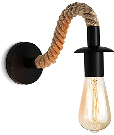 Wandleuchte Vintage Hanfseil Industrielle Wandleuchte ideal für Loft Flur Schlafzimmer E27 110/220V (schwarz)