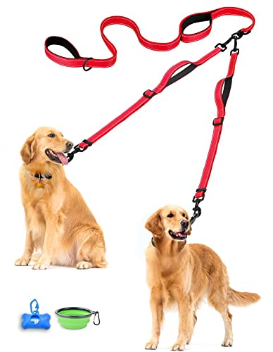 PetBonus Guinzaglio Doppio per Cani, Guinzaglio Regolabile Riflettente per 2 Cani, 360° Antigroviglio Doppio con 4 Manici Imbottiti, Taglia Grande e Media, Ideale per Passeggiate (Rosso)