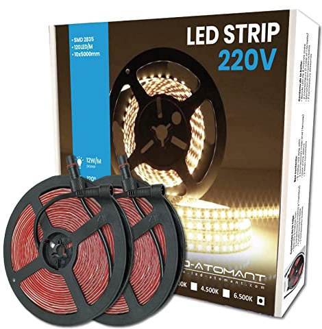 LED ATOMANT 2x Rollo 5m de Tira Luz LED 220V 12W/m Color Luz Fria IP65 | Color Blanco Frio 6500K, Corte cada 10cm