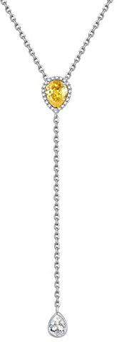 FOCALOOK Damen Lariat Halskette mit November Geburtsstein 925er Silber Y-Kette mit Synthetischen gelben Topas 40+5cm Quastenkette Geburtstag Schmuck Accessoire