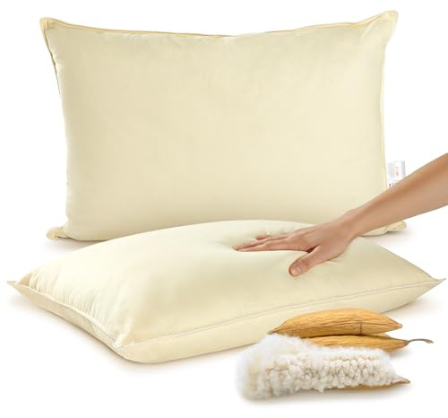 Cheer Collection Set of 2 Organic Kapok Bed Pillows, Natural Kapok Fiber Filled Sleeping Pillows with Breathable Cotton Shell, Standard Size, 20 x 28 inches