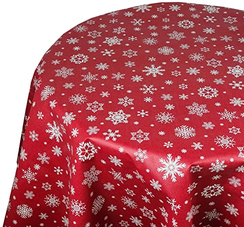 Wachstuch Wachstischdecke Tischdecke Weihnachtstischdecke Größe wählbar Weihnachten Schneeflocken Rot Oval 130 x 160 cm abwaschbar