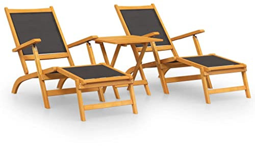 Makastle 2-er Set Sonnenliege Gartenliege Liegestuhl klappbar mit Fußteil und Tisch, Verstellbare Rückenlehne Holzliege Relaxliege für den Garten, Terrasse und Balkon, Braun und Schwarz
