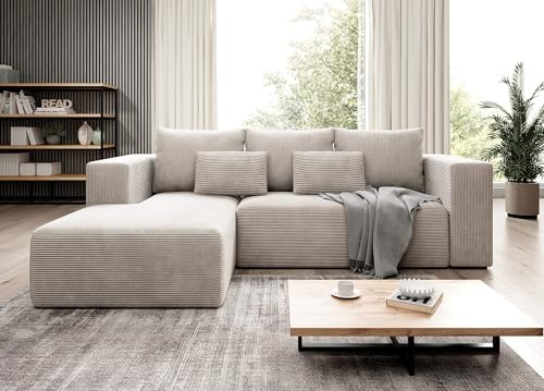 Moderno Ecksofa mit Schlaffunktion und Bettkasten Stripes - Sofa mit 3 Sitzer und Robuste überzug - Schlafcouch L-Form - Modern Couch Cord - 255x73x161 cm - Links Cremig