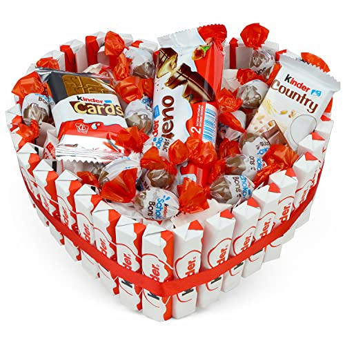 Dankeschön Geschenke - Herzform Kinder Schokolade Süßigkeiten Box, Kinder Creamy Raffaello Großpackung, Schoko Bons Crispy, Kinder Cards, Bueno Creme - Geschenkkorb für Frauen, Geburtstag