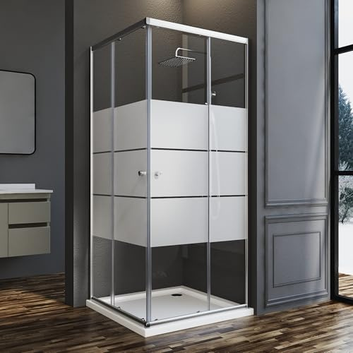 Goezes Duschkabine Eckeinstieg 75x90cm Schiebetür Duschabtrennung, 90x75 Gestreift Glas Eckeinstieg Dusche aus 6mm ESG Sicherheitsglas, Duschwand Höhe 185cm, LINKS & RECHTS MONTIERBAR