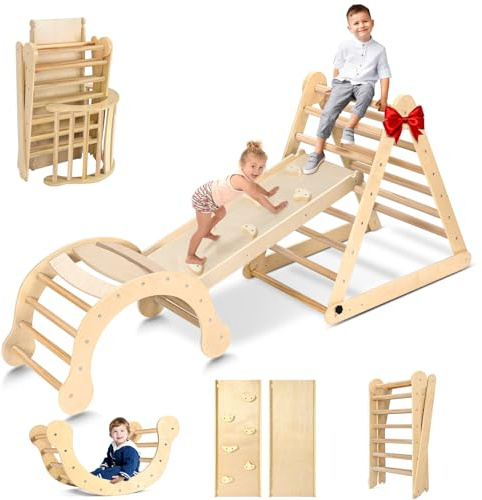 YOLEO Large Pikler Triangle Set 7-in-1, Montessori Climbing Toys for 1+ Year Old w/t Sturdy Base and Adjustable Height, Quick-Fold Toddler Climbing Toys Indoor Playground and Fun Jungle Gym for Kids