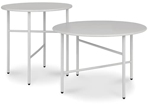 bomoe 2er Set Beistelltisch Outdoor Gartentisch Rund Kratzfeste Oberfläche | Hellgrau stabiler Couchtisch leicht In- & für Wohnzimmer Balkon Terrasse Nachttisch Bett Schlafzimmer Tisch Metalltisch Finn