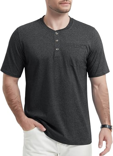 TACVASEN Henley T-Shirt Herren Classic Kurzarmshirt Atmungsaktiv Freizeitshirt Leicht Baumwolle Tshirt mit Brusttasche, Schwarz, XL