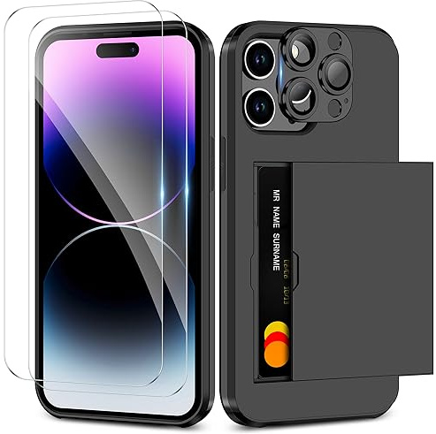 Coolden for iPhone 15 Pro Case with Card Holder & 2 Screen Protector + 1 Camera Lens Protector Full Body Heavy Duty Protective Case Shockproof Wallet Case Cover for iPhone 15 Pro Phone Case-Black