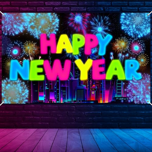 HOWAF Neon Silvester Deko 2027, Neon Happy New Year Banner UV Schwarzlicht Frohes Neues Jahr Banner Stoff Foto Hintergrund für Neujahr Deko 2027 Silvesterparty Silvesterdekoration, 185x110cm
