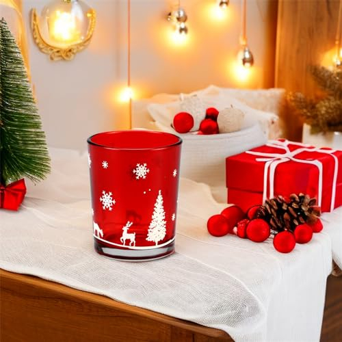 Hiseng Teelichthalter Glas Rote Kerzenhalter, Votivkerzenhalter, Weihnachtsbaum Teelichtgläser Kerzenleuchter Teelichter Dekoration für Weihnachten Tischdeko, Hochzeit, Party (6er-Set,Rot)