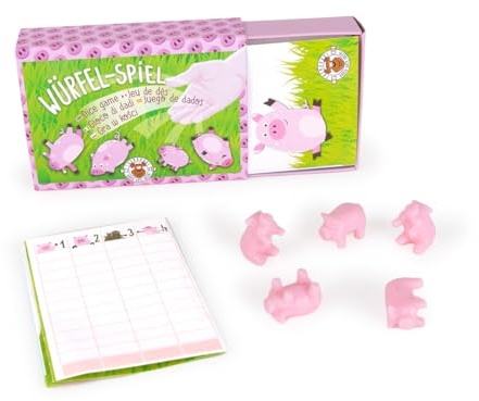 TRENDHAUS 957474 - Schweinchen Würfelspiel mit 5 Schweine-Figuren, Famillienspiel ab 2 Personen, kompaktes Reisespiel in Karton-Schiebebox