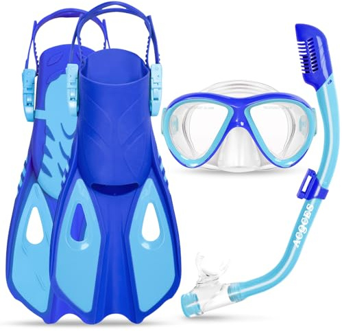 Snorkeling Gear for Kids Ages 5-15, 4 in 1 Mask Fins Snorkel Set with HD Tempered Glass Panoramic View Anti-Fog Mask, Dry Top Snorkel, Adjustable Trek Fins, and Mesh Bag, Kids Snorkel Set for Youth
