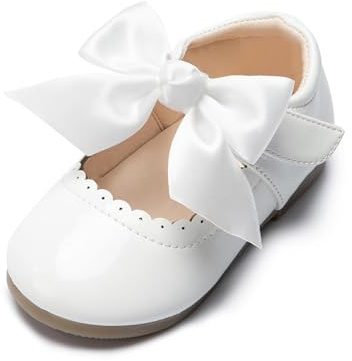 CENCIRILY Girls Patent Mary Jane Dress Shoes with Detachable Bow | Toddler Flower Girl Dress Flats, Back to School Uniform Shoe, Hook&Loop Straps, Cushioned Insole, Ideal For Party Wedding