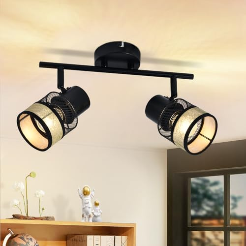 Glitzerlife Deckenstrahler 2 Flammig Schwarz Deckenleuchte Deckenspot | Flur Metall Vintage E27 330°Schwenkbar LED Deckenlampe mit Gold Stoffschirm Max.25W für Wohnzimmer Schlafzimmer Küche