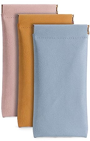 Ldirect 3 Pack Leather Eyeglasses Cases PU Soft Sunglasses Pouch Squeeze Top Portable Glasses Cases for Men and Women (Pink Yellow Blue)