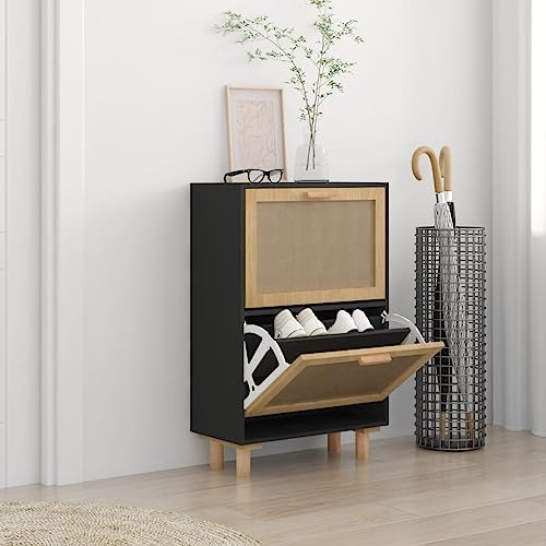 CKioict Schuhkommode im Flur Mehrzweckschrank Platzsparend Schuhschrank Schwarz 52x25x80 cm Holzwerkstoff & Rattan Naturfür Flur Schlafzimmer Eingang