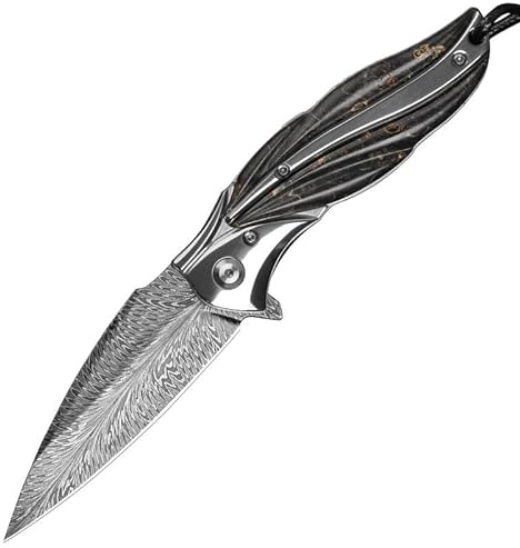 TABKER Damaskus Steel Mit Feder -Stahl Taschenmesser, Scharfes Taschenmesser Hochwertiges Klappmesser, Outdoor Klappmesser Für Camping Abenteuer
