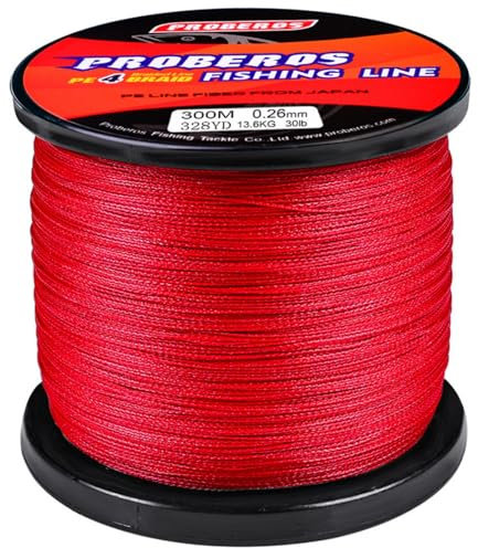 300M PE Geflochtene Angelschnur mit starker 4-Fach Flechtung Angelschnur Geflochten Flexibel Fishing Line, Angelsehne, Angel Schnur PE Geflecht Fischdraht (Rot,0.36mm - 22.6kg)