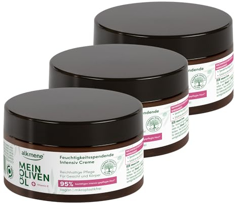 alkmene 3x Intensiv Hautcreme trockene Haut 200 ml - 95% bestätigen intensiv gepflegte Haut - Creme trockene Haut mit Olivenöl - Feuchtigkeitscreme Körper Männer & Frauen - Feuchtigkeit Creme vegan | 95% bestätigen intensiv gepflegte Haut - Feuchtigkeitscreme Körper Männer & Frauen - Feuchtigkeit Creme