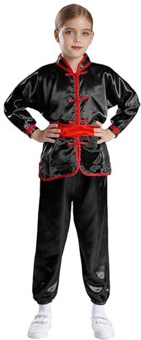 Runhomal Unisex Kinder Jogginganzug Trainingsanzug Zweiteiler Satin Kung Fu Anzug Martial Arts Tai Chi Outfit Langarm Sportshirt Jogginghose Sportbekleidung Schwarz 98-104