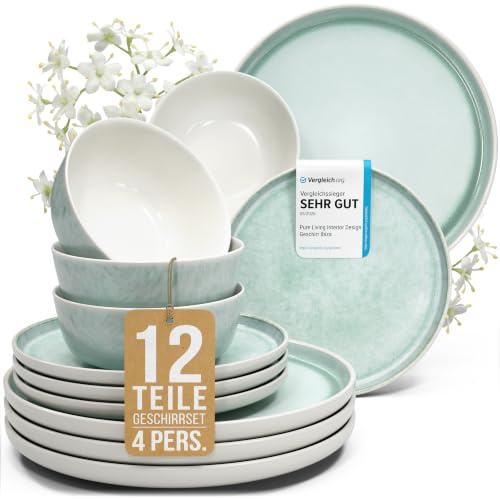 Steingut Geschirrset 4 Personen Ibiza 12 tlg. TESTSIEGER, Traumhaftes Mediterranes Steingut Geschirr Set, Schüssel- und Teller Set, Tafelservice 4 Personen, Geschirrsets Pure Living in Türkis