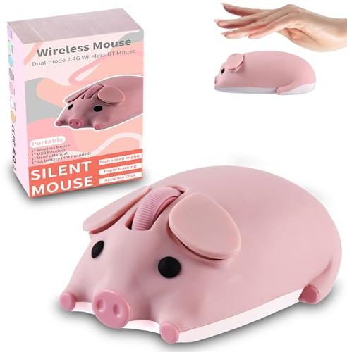 Ratón inalámbrico de modo dual Bluetooth 5.1/2.4G, USB, adorable animal con forma de cerdo, 1200 DPI, portátil, inalámbrico, silencioso, ergonómico, para laptop, PC, iPad, Windows, iOS/Android, regalo